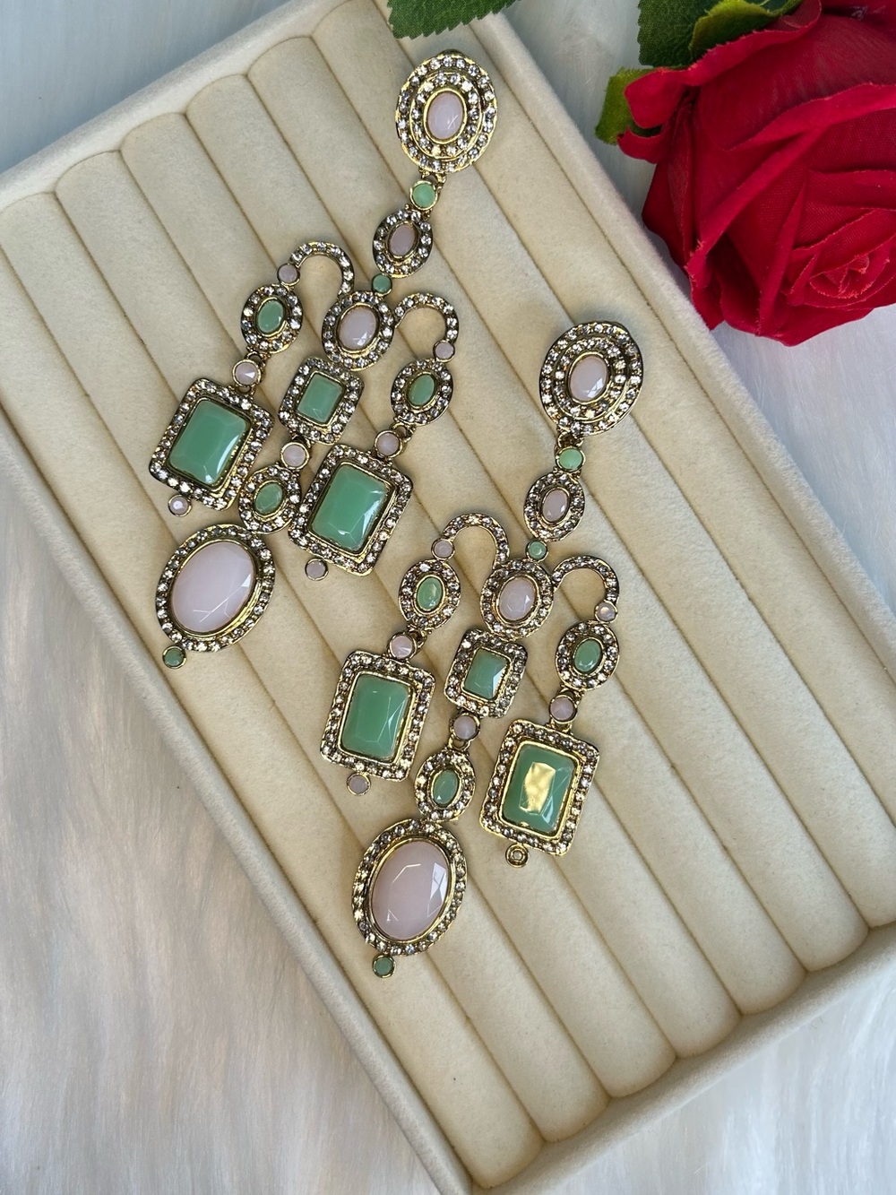 Elegant Mint-Pink and Gold Crystal Ad Statement Earrings